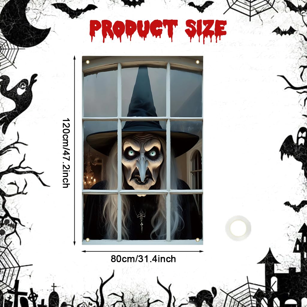 HASTHIP Halloween Window Cover for Haunted Houses with 80x120cm Witch Face Banner | Indoor and Outdoor Scary Decoration