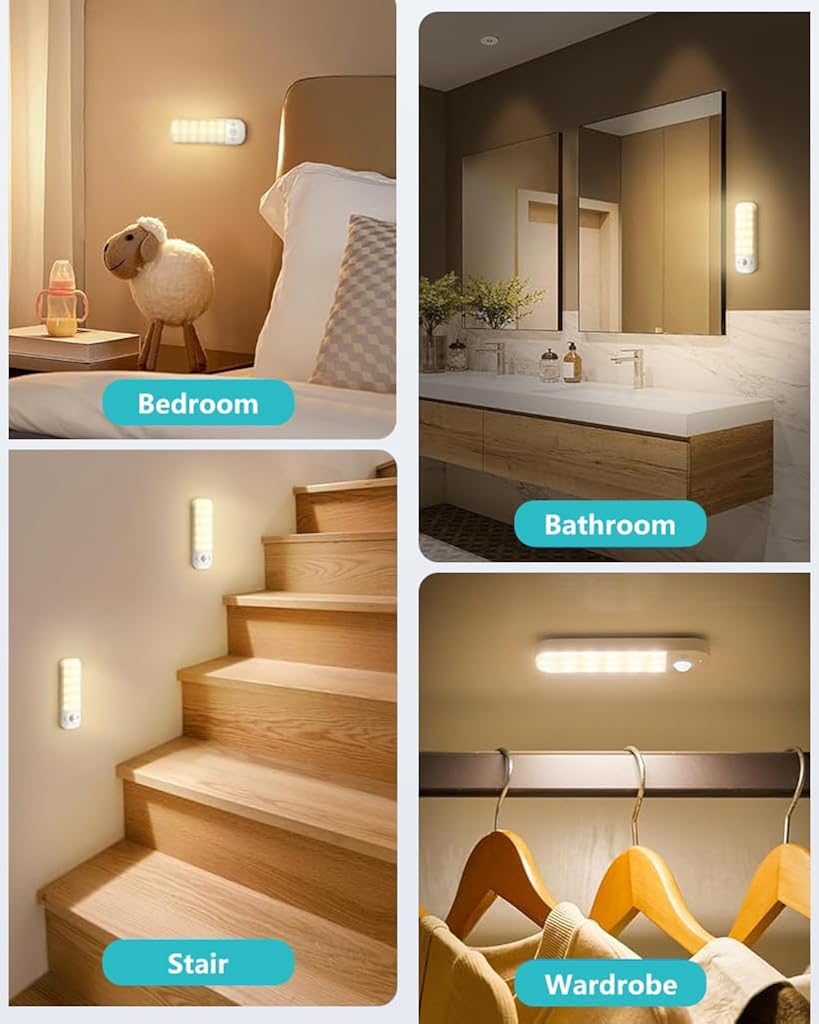 HASTHIP® Motion Sensor Lights Indoor, 2 Pack USB Rechargeable LED Night Light with 3 Modes, 3 Light Color, Stepless Dimmable, with Removable Magnet Sheet Stick-On Cupboard