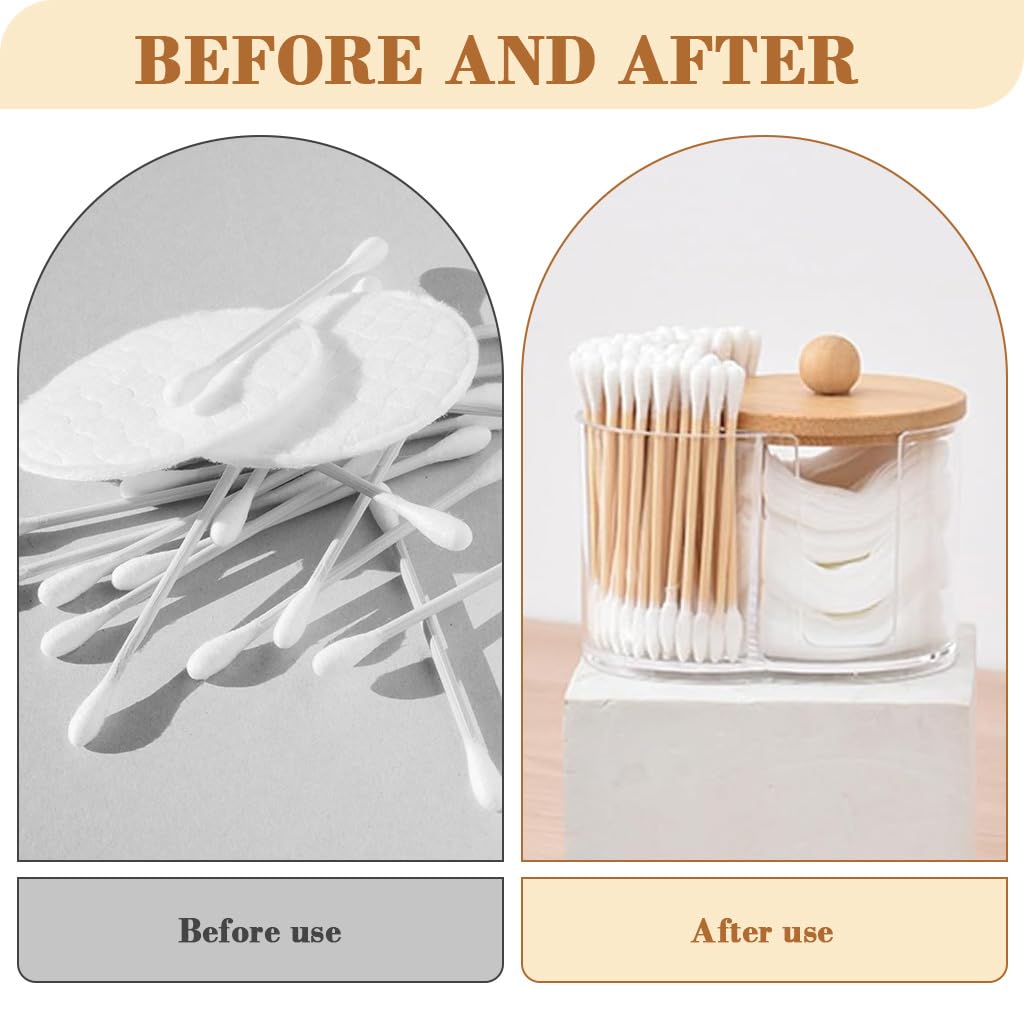HASTHIP Cotton Swab Holder for Bathroom and Vanity featuring 2 in 1 Clear Organizer Box with Wooden Lid