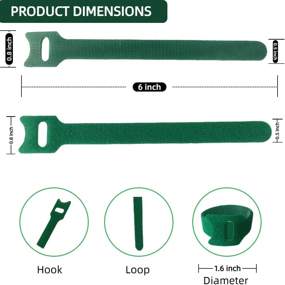 HASTHIP Plant Ties for Gardening 200 pcs 12×150 mm with Hook and Loop | Reusable Green Nylon