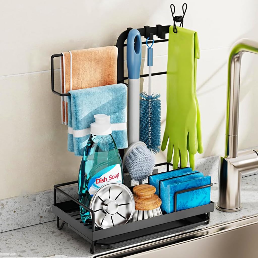 HASTHIP Kitchen Sink Organizer for Countertop with Drainage System and Removable Tray | 10×6×13.7 in Black Sponge Holder with Hooks
