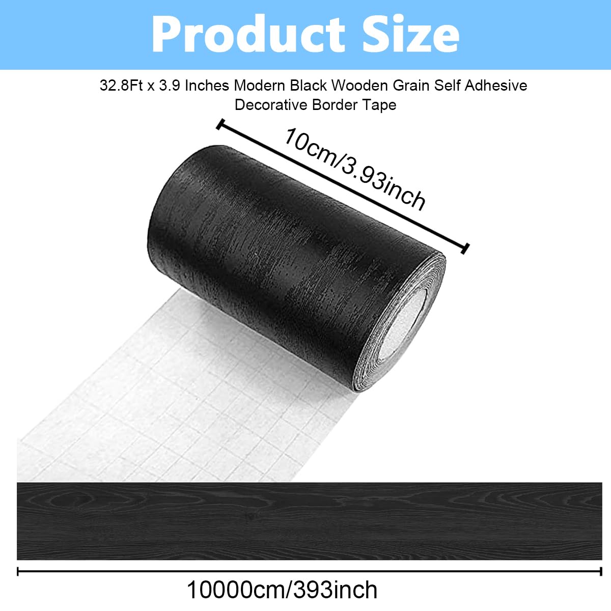 HASTHIP Wood Grain PVC Solid Stickers for Walls and Floors with Self Adhesive Backing | 32.8Ft x 3.9 Inches Waterproof Black Wooden Border