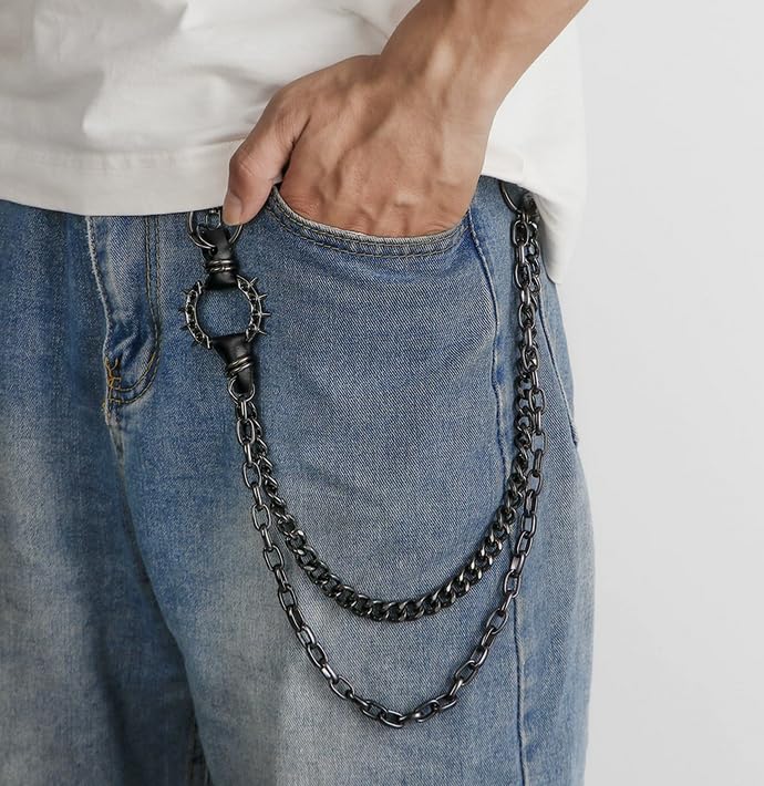 HASTHIP® Cadena Punk para Pantalones de Hombre y Mujer,Cadena de Jeans Gótica Hip Hop,Accesorio Monedero y Llaves Estilo Biker Moda Emo Gótica Negra