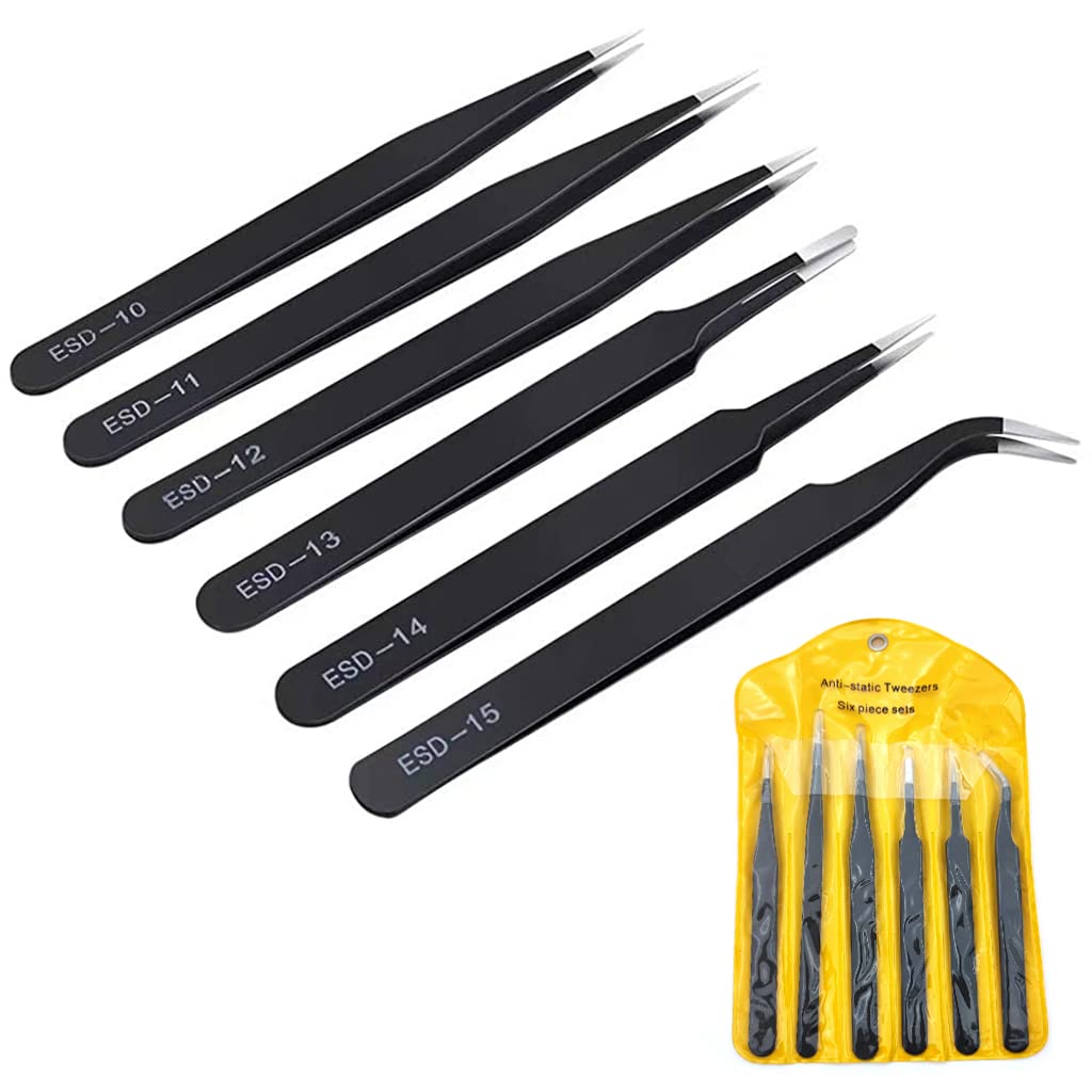 HASTHIP Tweezers Set for Electronics and Craft with Anti Slip Matte Handle | 6 Pcs Stainless Steel Precision Tools