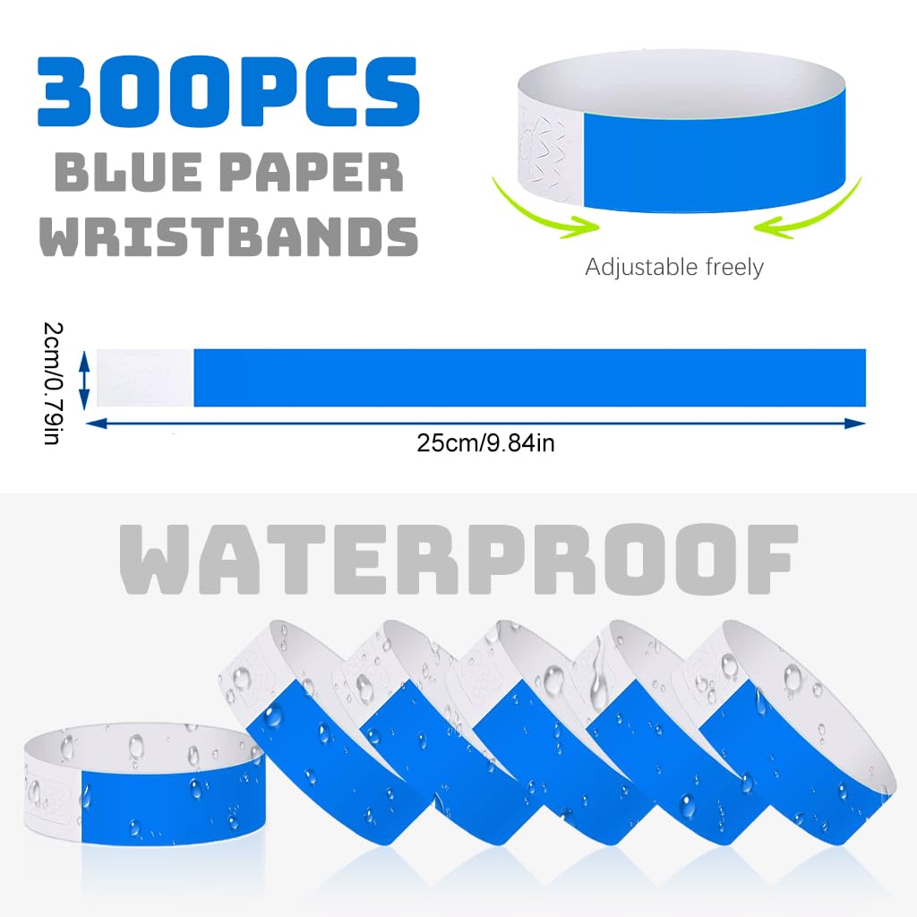 HASTHIP Paper Wristbands for Events with Self Adhesive Closure 300 Count Blue 25cm | Waterproof Identification Bands
