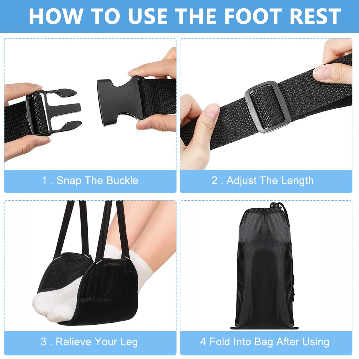 HASTHIP Airplane Footrest for Travel with Hanging Hammock Support and Storage Bag | 3PCS Black
