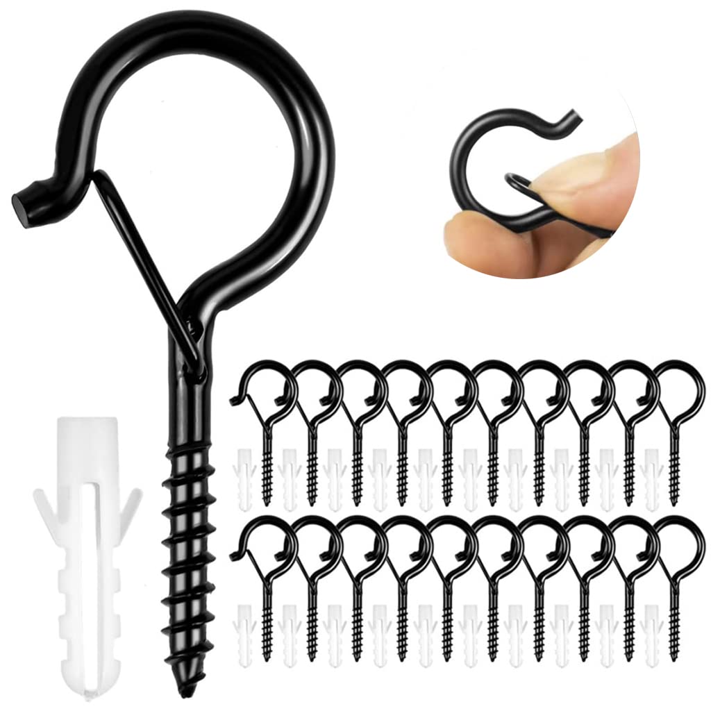 HASTHIP Screw Wall Hooks for Outdoor String Lights with Safety Buckle 20pcs Black | Steel Ceiling Cup Hooks