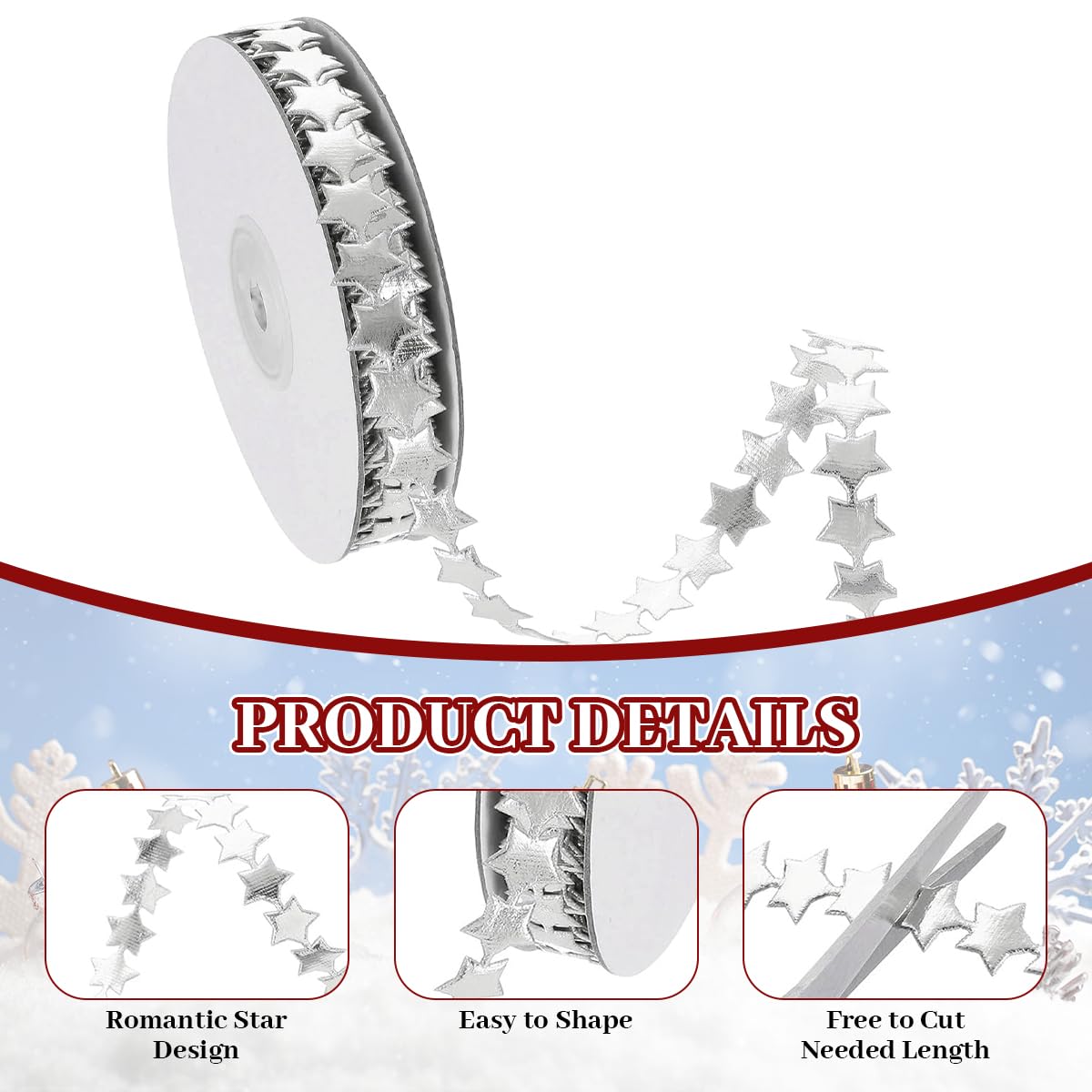 HASTHIP Glitter Star Ribbon Roll for Gift Wrapping and Crafts featuring 32.8ft Silver Chain | Y2K Decorative Glossing Strip