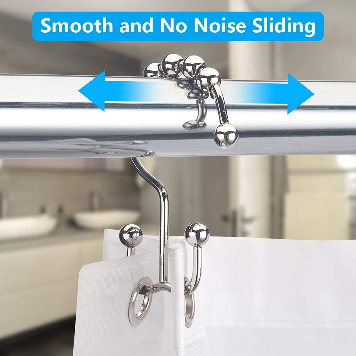 Bathroom Curtain Hooks,Stainless Steel Hook for Curtains,Rust-Resistant Metal Double Hooks Curtain Rings,Rolling Shower Curtain Hooks for Bathroom Shower Curtain Rods Curtains, Set of 10