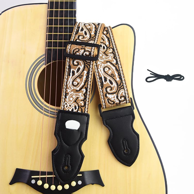 HASTHIP® Guitar Shoulder Strap Fashion Boho Embroidered Adjustable Strap with Guitar Pick Holder Slot, Wide Nylon Shoulder Strap for Acoustic, Electric, and Bass Guitars