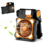 HASTHIP® Solar Powered Fan 5200mAh Multifunctional LED Camping Fan Emergency Power Bank with Dual USB Interfaces, 5 Airflow Speed & Dimmable Light, Free Standing Portable Fan with Handle & Hook