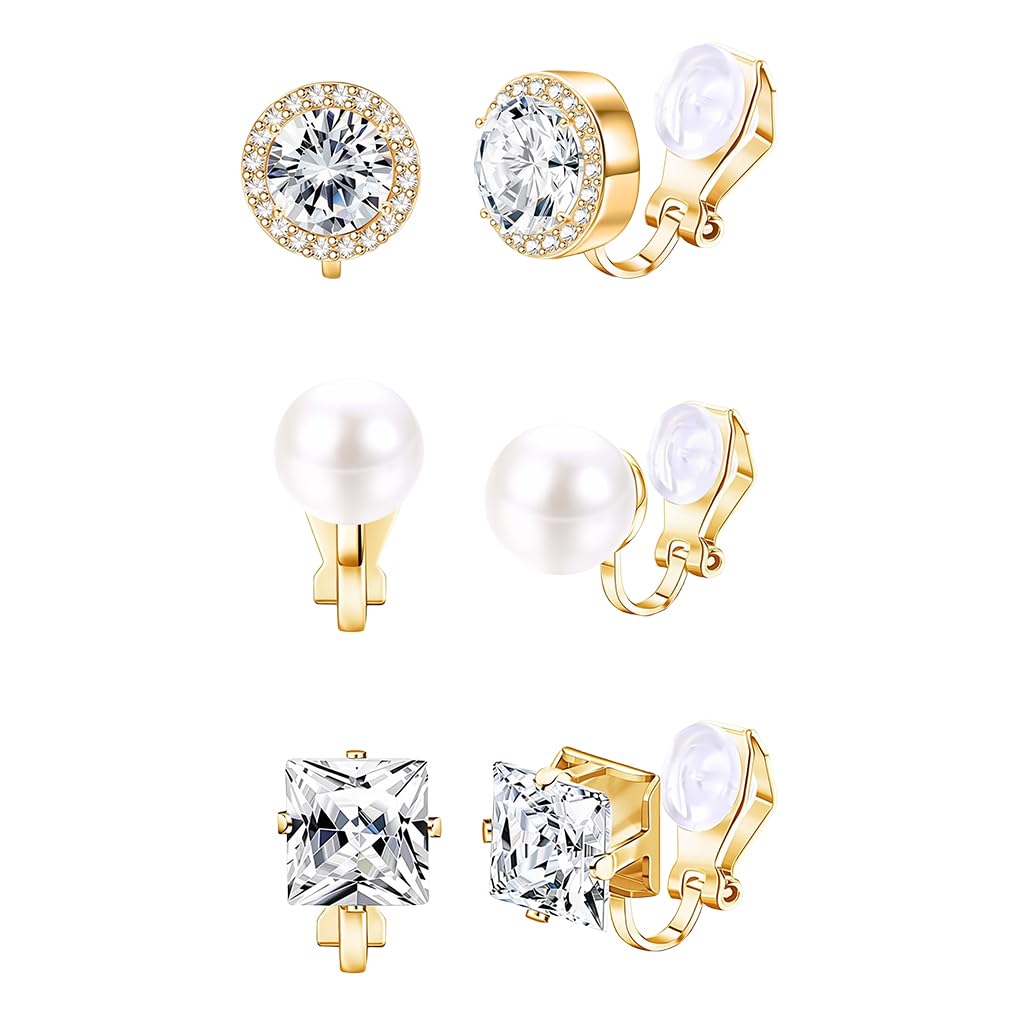 HASTHIP® 3 Pares de Pendientes de Clip para Mujer sin Perforación,Hipoalergénicos y Cómodos,con Circonita Cúbica Perlas y Aleación Dorada para Bodas Fiestas Competencias Danza