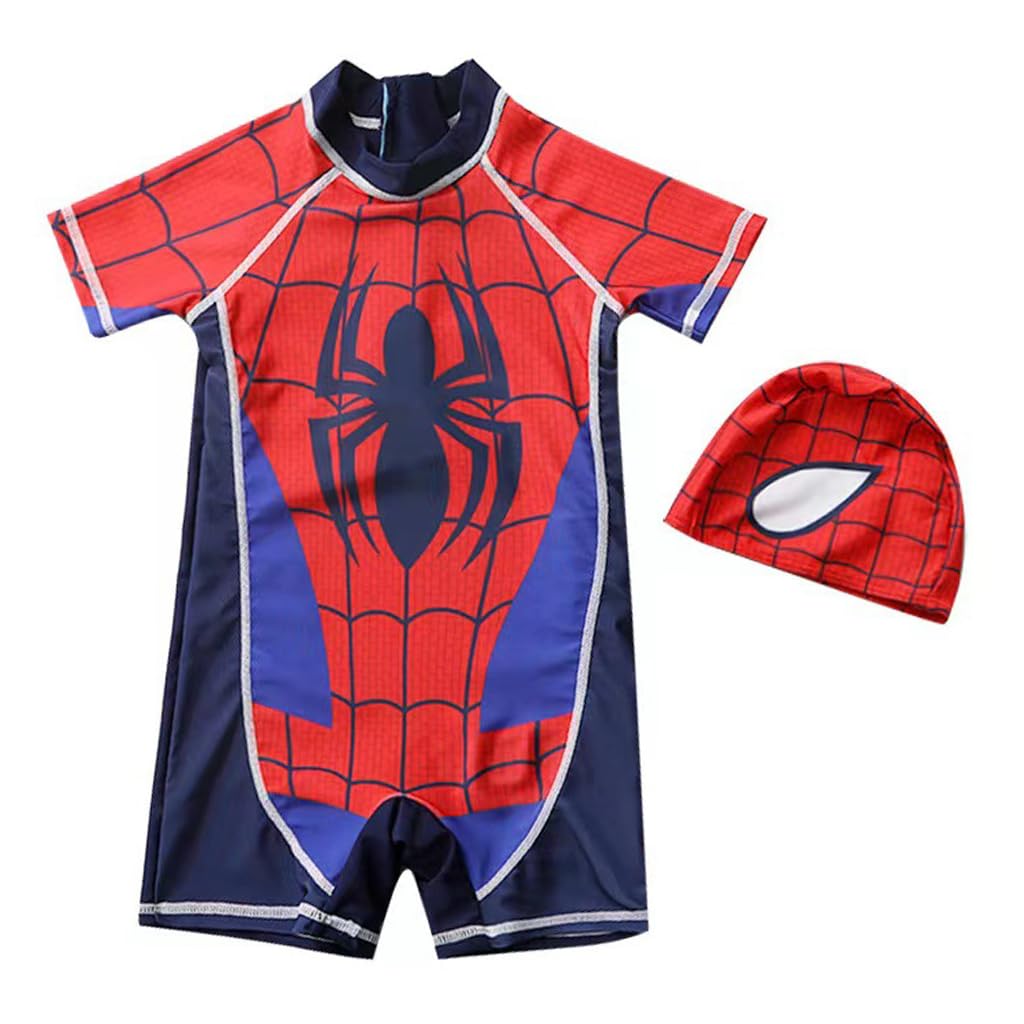 HASTHIP® Swim Suit for Kids Boys,UPF 50+Swimming Costume for Boys Cap Set Short Sleeve Superhero Print Stretchy Multipurpose Wear Swimming,Cycling Aerobics 5-6 Years Old