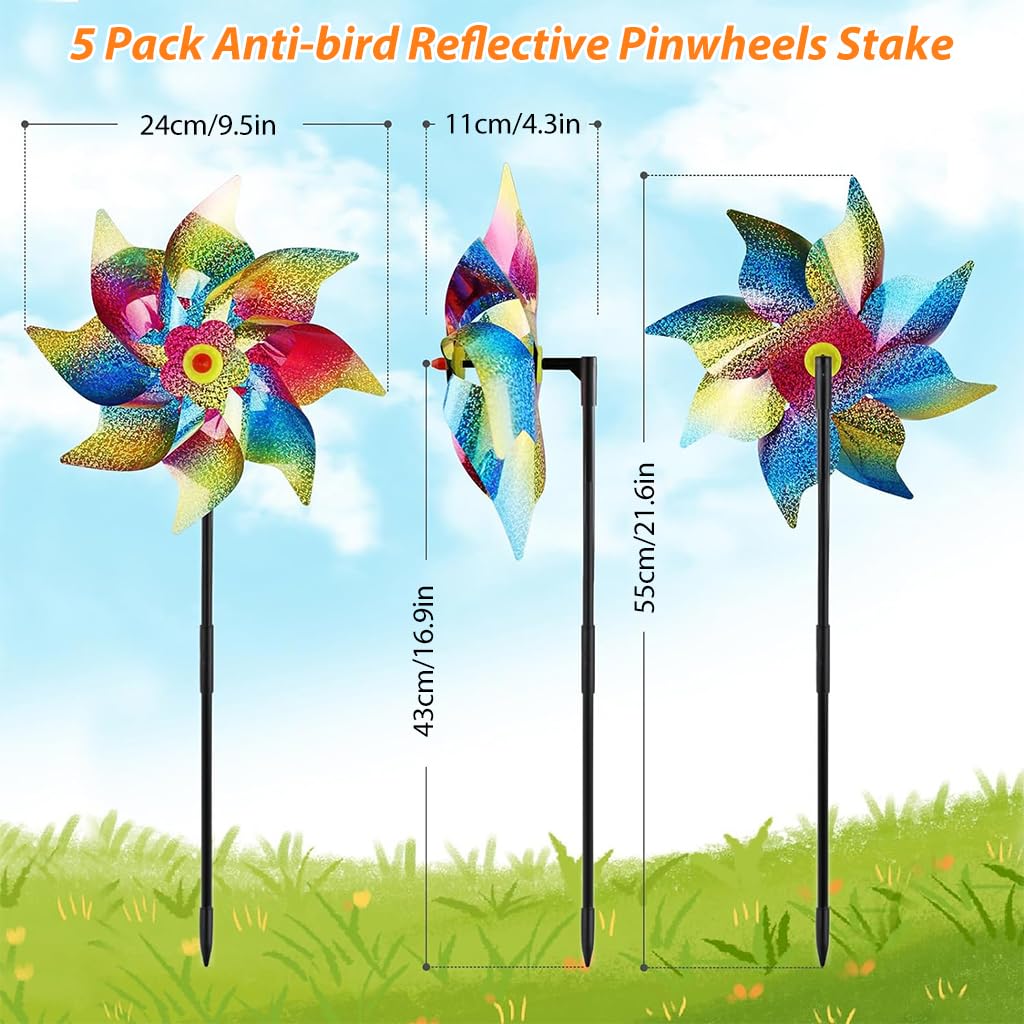 5Pcs Bird Repellent for Balcony, Colorful Reflective Pinwheels Pigeon Scarer, Ornamental 8-blade Windmill Anti Bird Device for Roof Edge, Fence, Garden Yard Lawn
