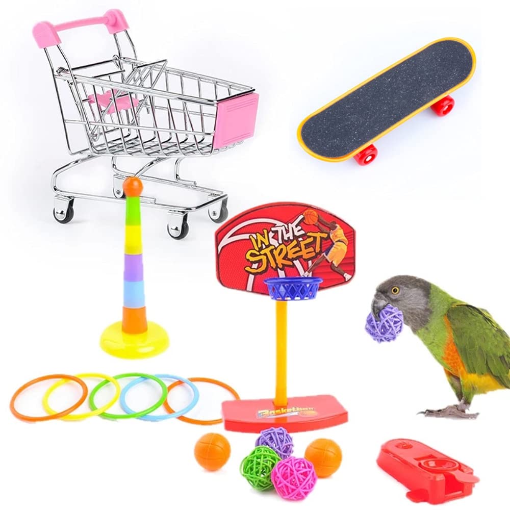 HASTHIP® Juguetes para Aves 7PCS Set Entrenamiento para Pájaros con Carrito Baloncesto Aro Anillos Monopatín Accesorios Educativos Coloridos Loros y Periquitos