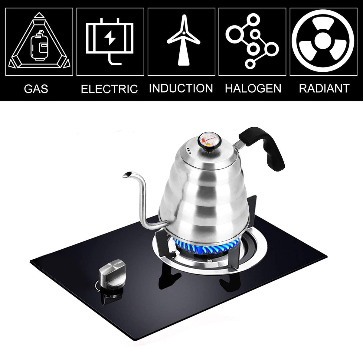 HASTHIP Pour Over Gooseneck Coffee Kettle with Thermometer and 1200ml 3 Layer Stainless Base | For Home Café and Travel Brewing