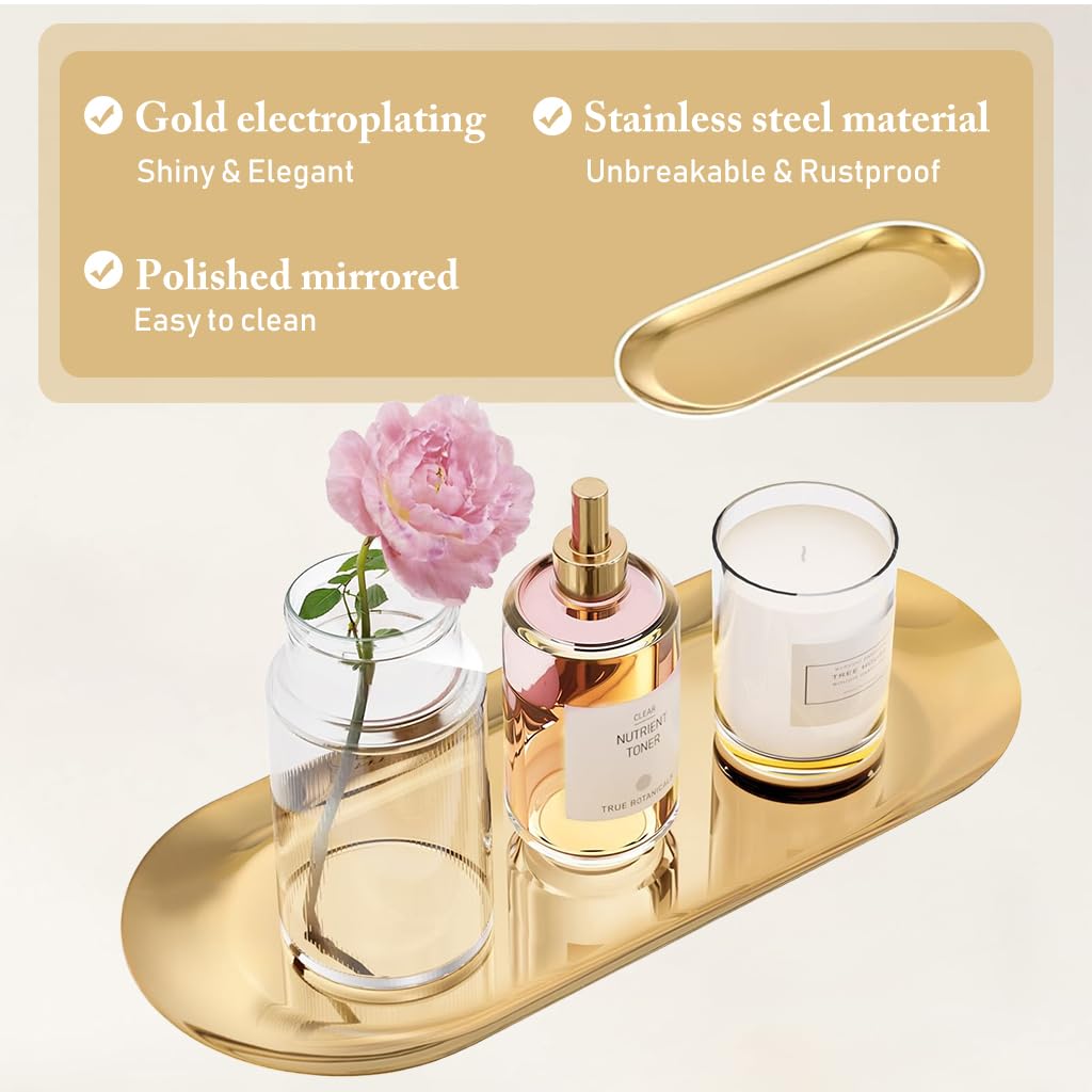 HASTHIP Rectangular Trays for Vanity and Bathroom with 2Pcs 30x12cm Stainless Steel Gold Finish | Multipurpose Organizer