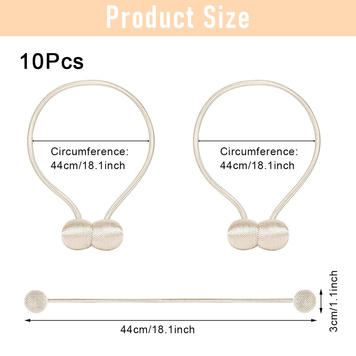 HASTHIP Magnetic Curtain Tiebacks for Home and Office featuring 40cm Rope & 3.3cm Balls | Beige