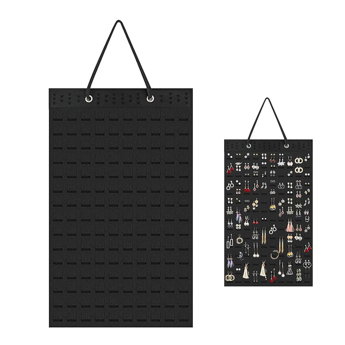 HASTHIP Wall Hanging Earring Organizer Box for Women with 150 Felt Pieces and 300 Pair Capacity | Black Jewelry Display for Earrings Necklaces and Rings