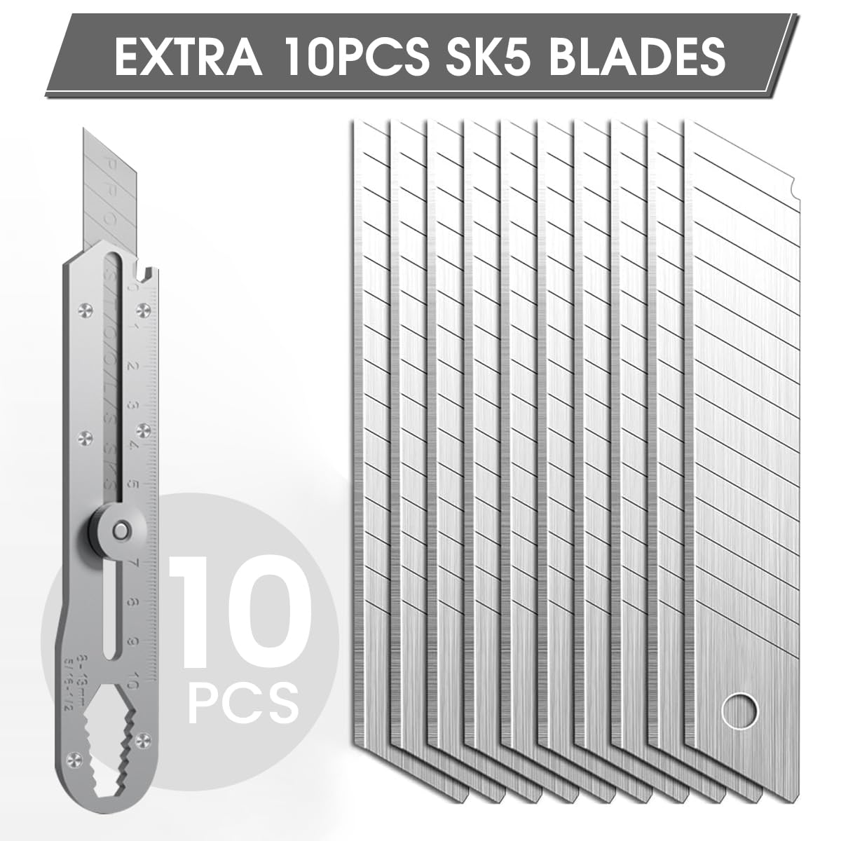 HASTHIP Utility Knife with 13cm Laser Etched Ruler and T Handle Scraper | Stainless Steel Box Cutter with 10 Replacement Blades