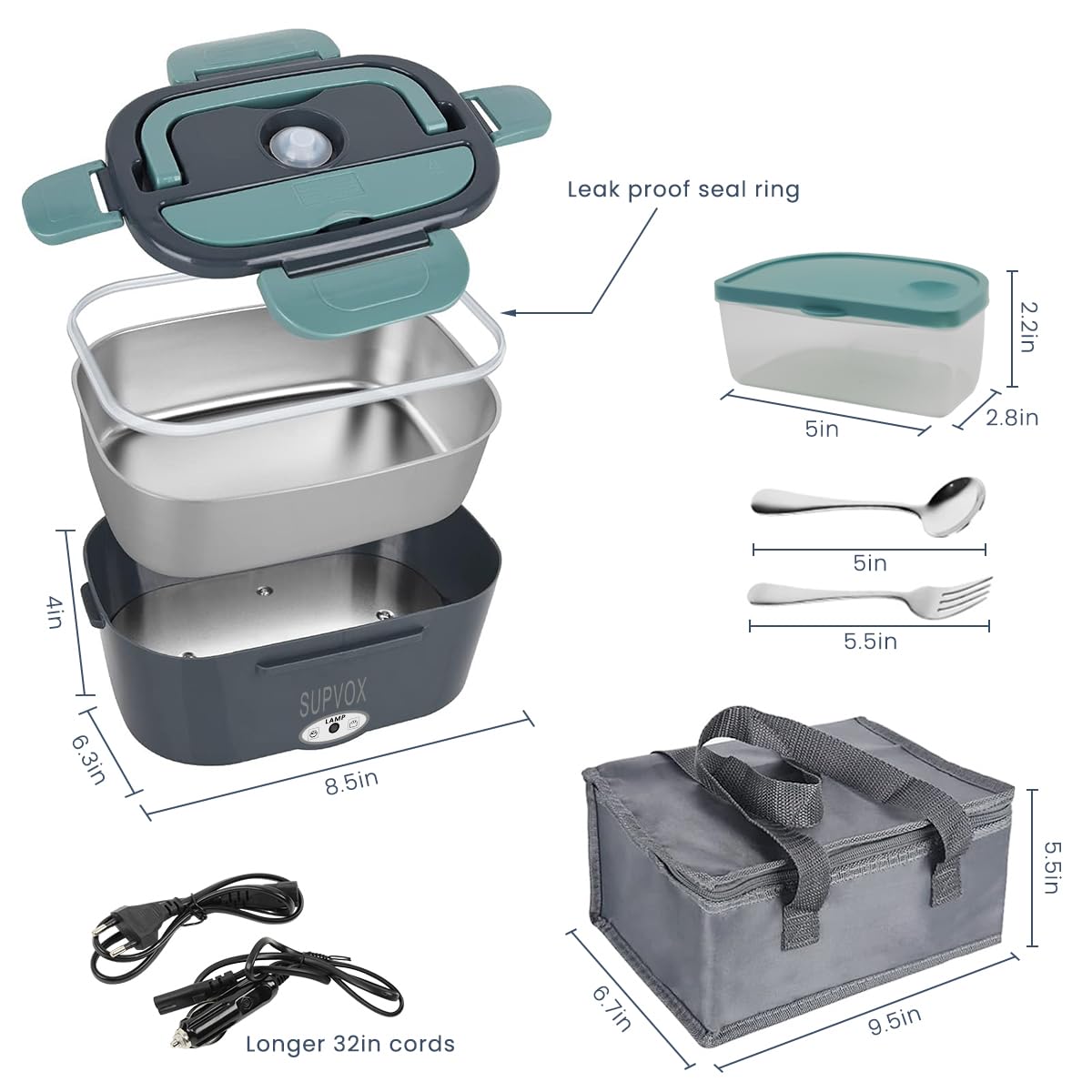 HASTHIP Lunch Box for Car and Home with 1.5L Stainless Steel Bowl featuring Dual Layer Heat Circulation | Includes Spoon Fork and Storage Bag