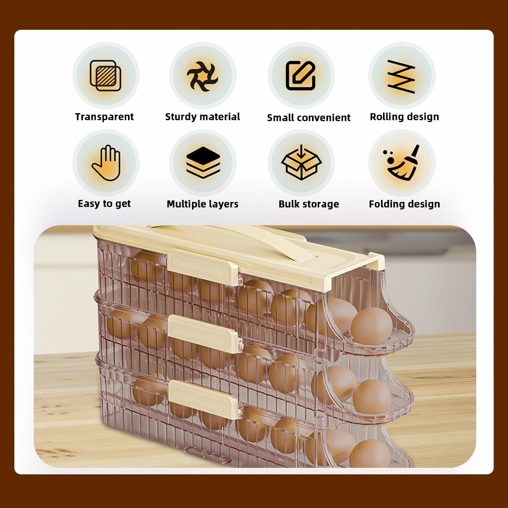 HASTHIP Egg Holder for Fridge with Automatic Rolling 3 Tiers and Removable Clear Tray