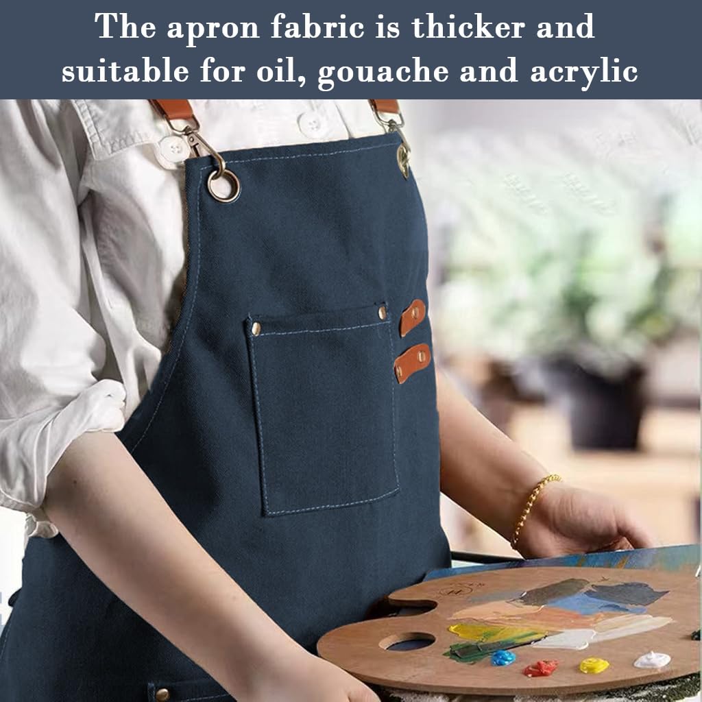 HASTHIP Canvas Work Apron for Kitchen and Workshop with Metal Eyelets and Multi Pockets | Dark Blue Adjustable Tie Back