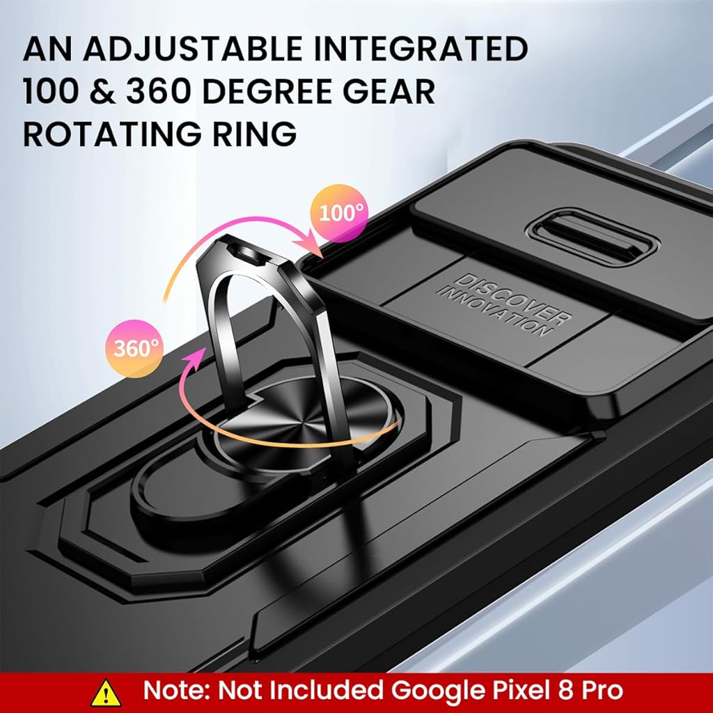 HASTHIP® Kickstand Phone Grip & Sliding Camera Cover, Military-Grade Anti-Scratch 360° Rotatable Stand for Google Pixel 8 Pro, Black PC+TPU, Shockproof, Lightweight, Wear-Resistant Phone Case