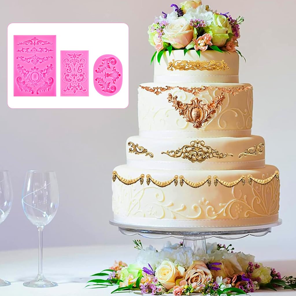 HASTHIP Fondant Silicone Molds Set of 3Pcs for Cake Decorating with Floral Lace Designs | Food Grade Reusable Baking Molds