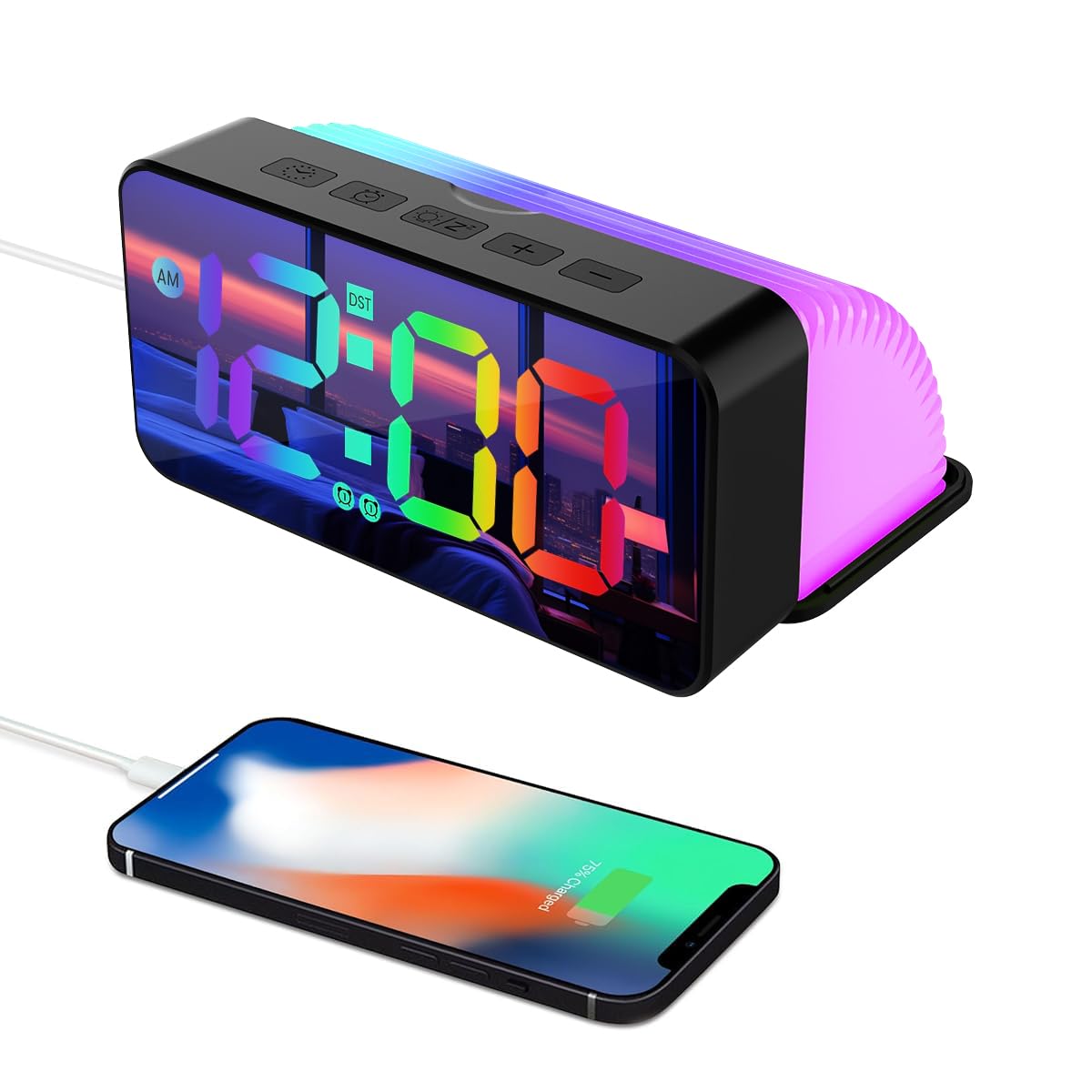 HASTHIP LED Digital Alarm Clock with 14 RGB Color Screen and Dual Alarm | USB Rechargeable Folding Nightlight