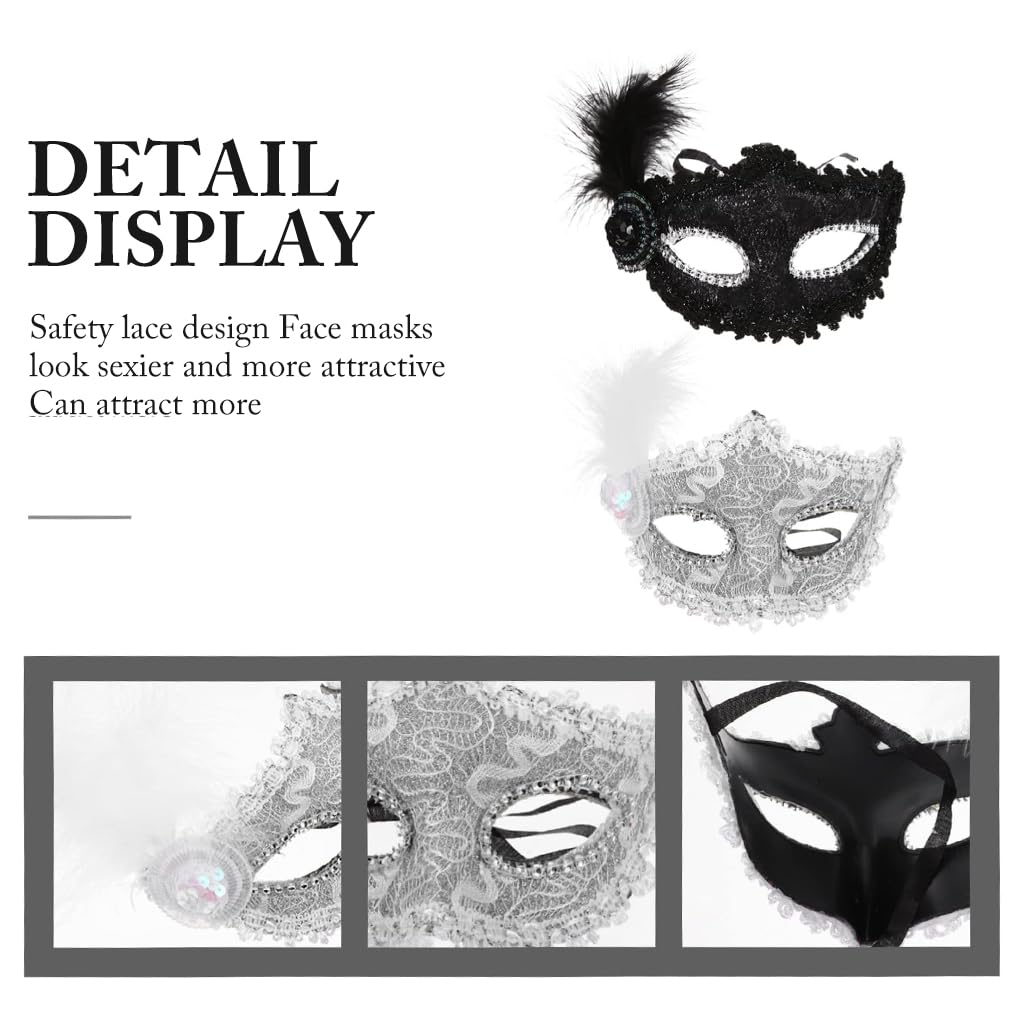 HASTHIP® 2 Piezas Máscaras Venecianas para Mujer con Plumas Elegantes,Antifaz de Baile de Carnaval y Fiesta Disfraces,Máscara Ojos Negra y Blanca con Cinta Ajustable