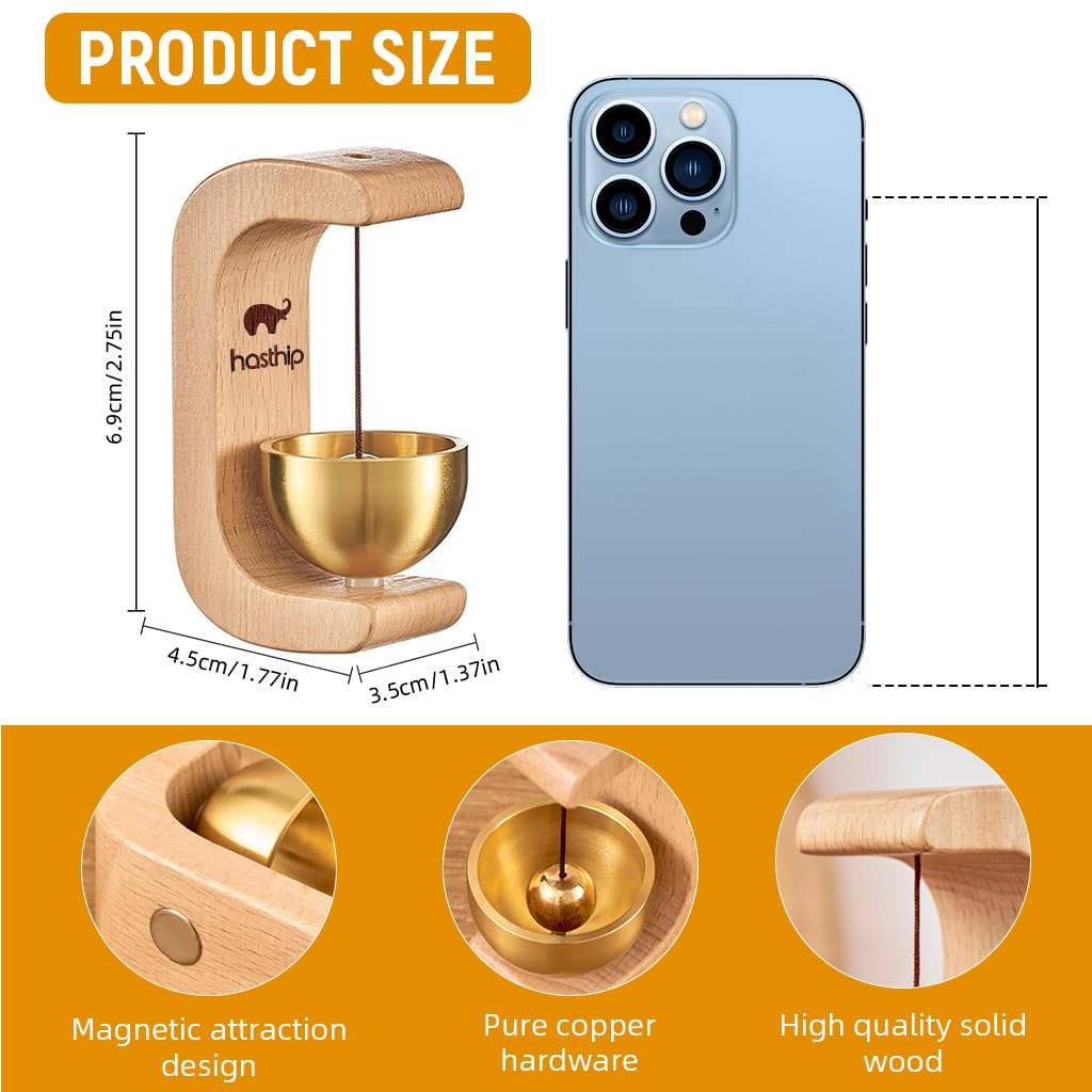 HASTHIP Door Chime for Home and Shop with Magnetic Mount and Beech Wood Base | Brass Bell