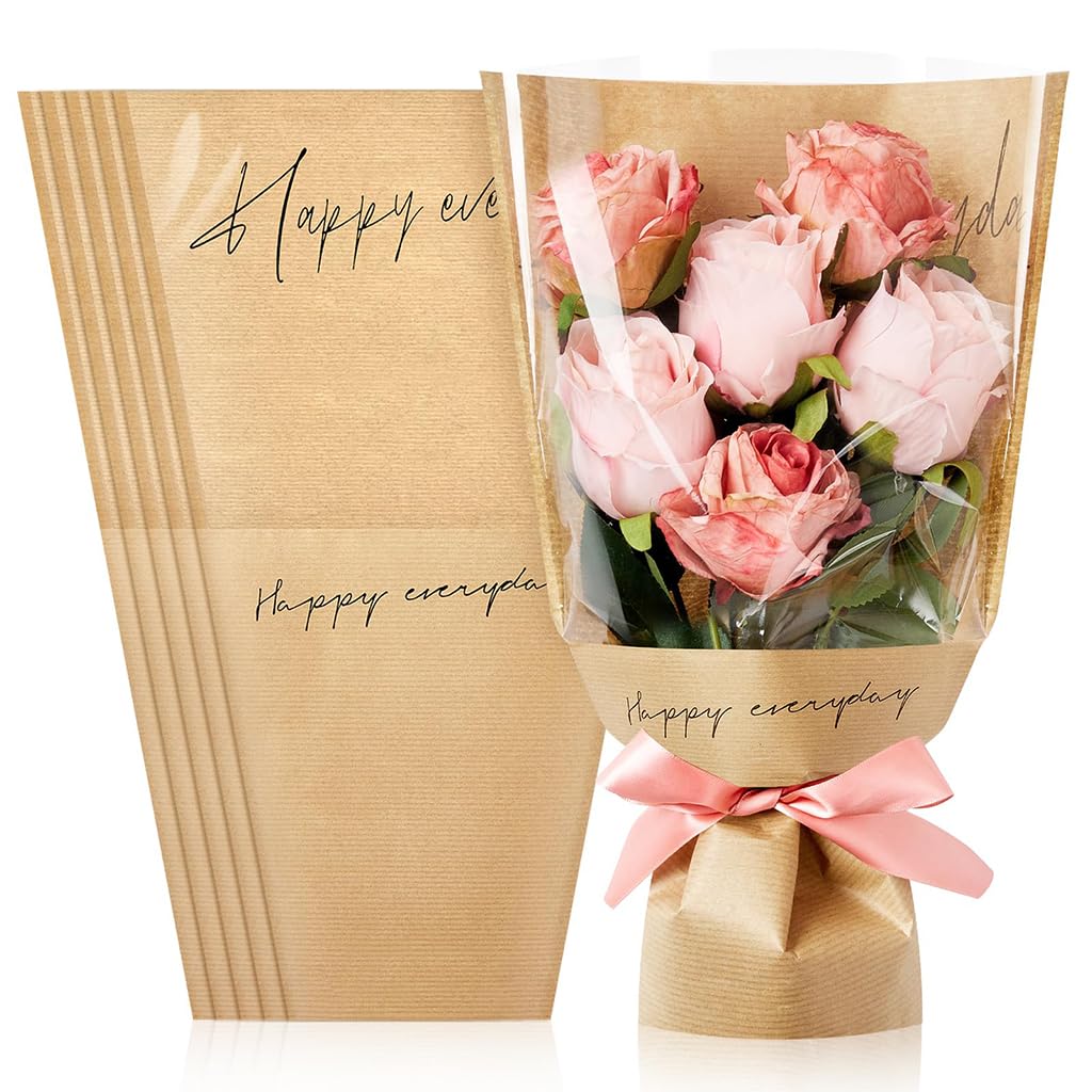 HASTHIP Flower Wrapping Paper for Bouquets with Transparent Front and 20Pcs Brown Print | Ideal for Florists and Weddings
