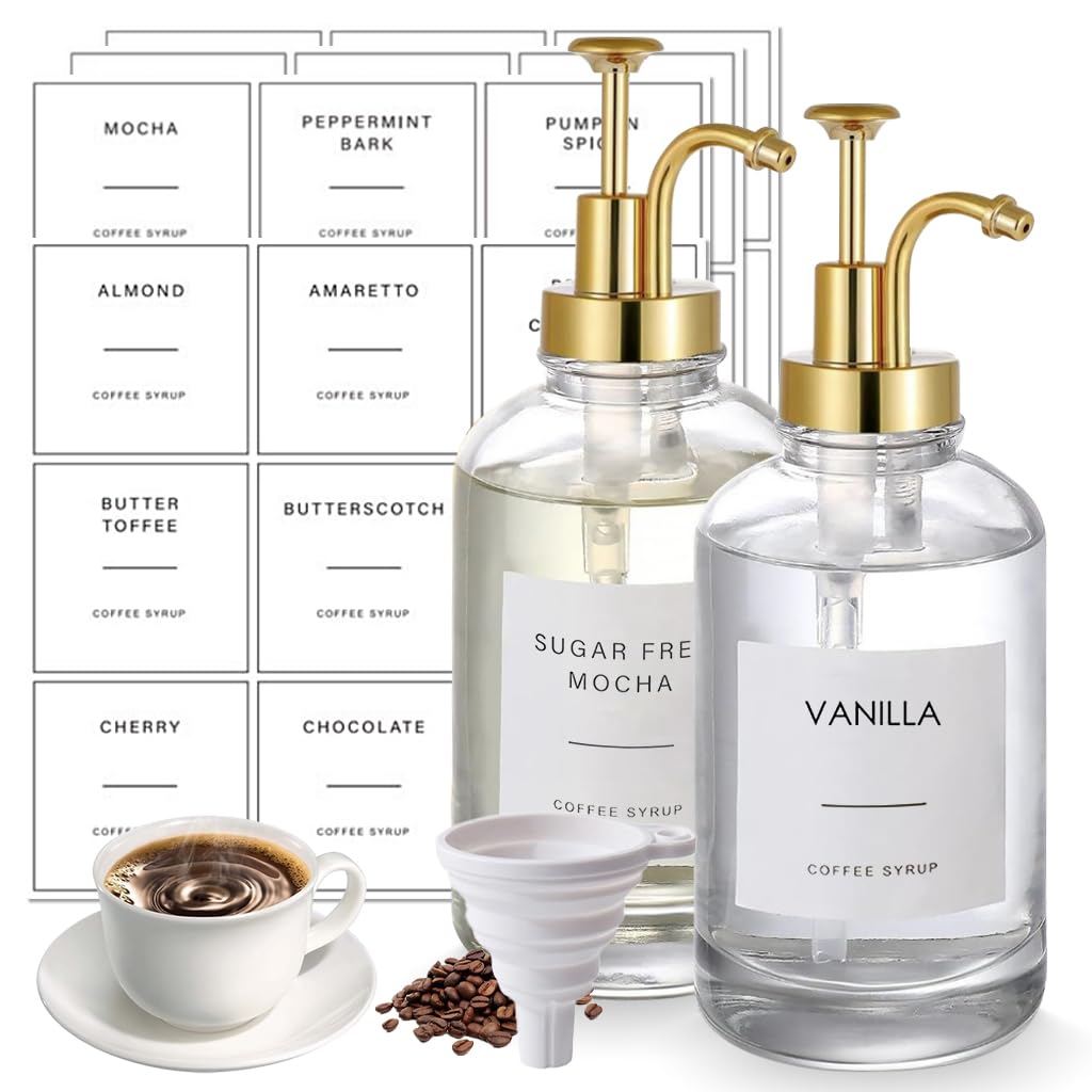 HASTHIP® 2Pcs Coffee Syrup Dispenser Set 16Oz Glass Pump Bottles with Silicone Funnel & Label Stickers, Refillable Syrup Dispenser for Coffee Bar, Kitchen, Maple & Vanilla Syrups
