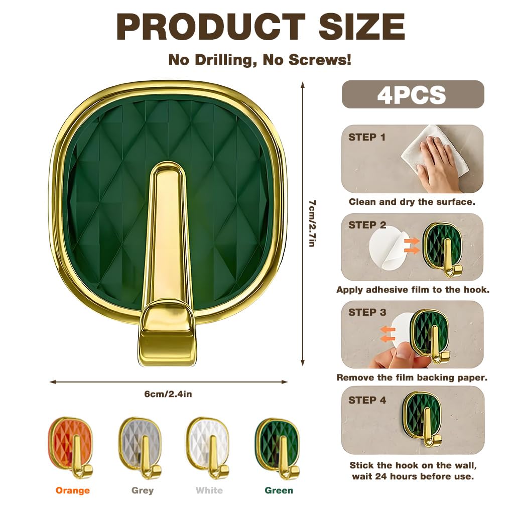 HASTHIP Wall Hooks for Bathroom and Kitchen with Self Adhesive Backing | 4Pcs Acrylic Golden Organizer