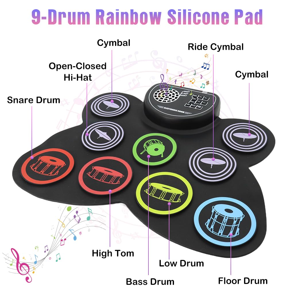 HASTHIP Electronic Drum Set for Beginners with 9 Pads and Dual Pedals | Portable Roll Up Design
