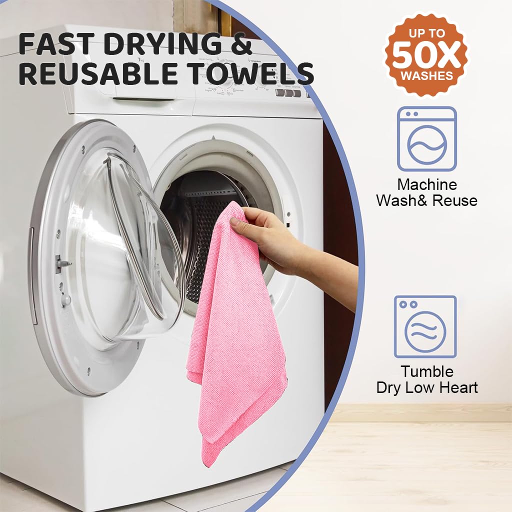 HASTHIP Microfiber Cleaning Cloth Roll 15 Count 25x40cm for Kitchen Use featuring Pre Cut Tear Away Design | Pink Reusable Towels