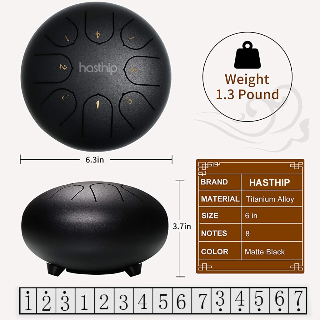 Steel Tongue Drum 8 Note, 6 inch Percussion Instrument Handpan Drum with Bag, Music Book and Mallets for Kids and Adults Meditation Musical Education Concert Mind Healing Yoga (Black)