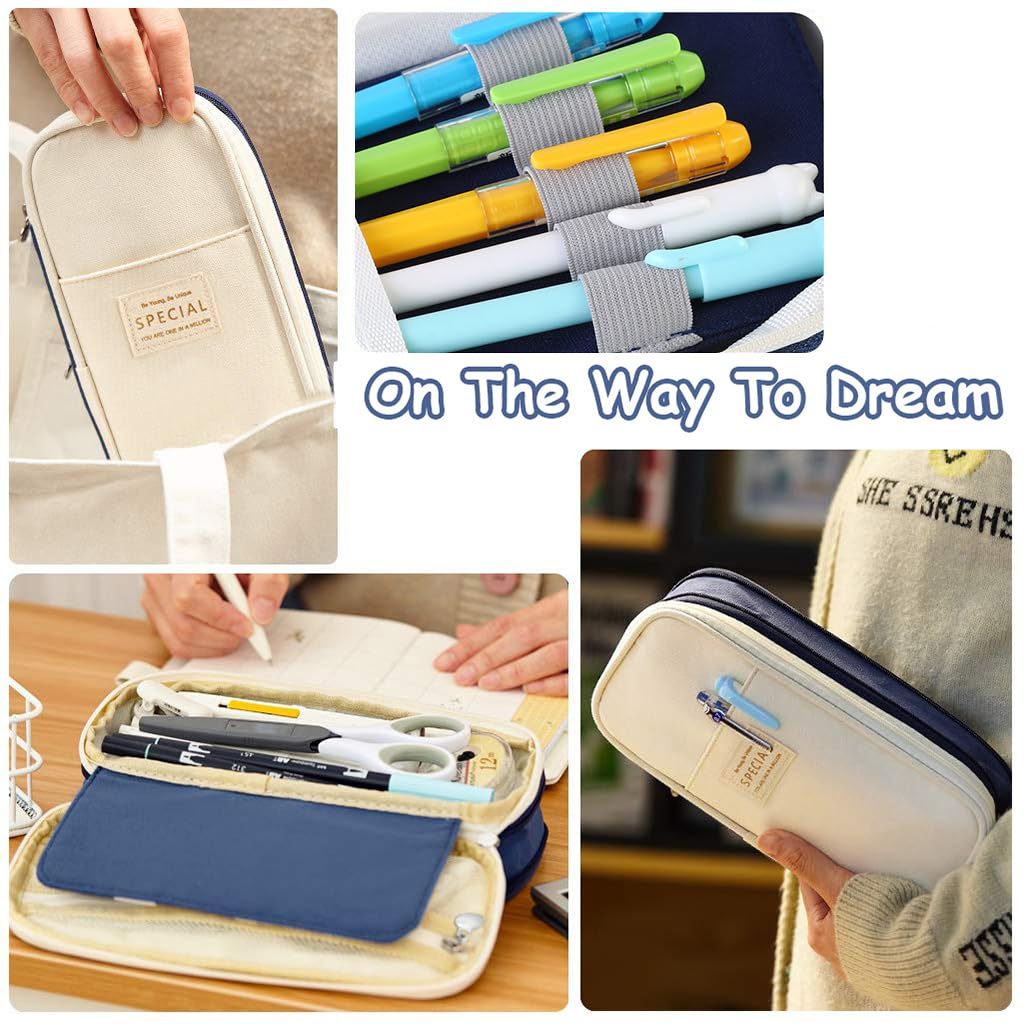 HASTHIP Pencil Pouch for Kids and Students with Double Zipper and Multi Compartments | 22x11cm Navy Blue 3 PCS