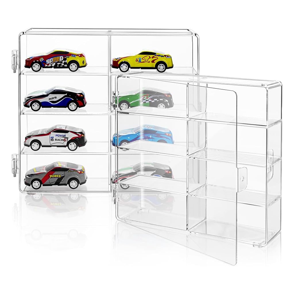 HASTHIP® HANNEA Car Models Display Rack, 4-Tier, 8-Compartment Design, Stackable Clear Dustproof Racing Car Model Toy Display Holder with Door, Collectible Racing Car Toy Holder Organizer