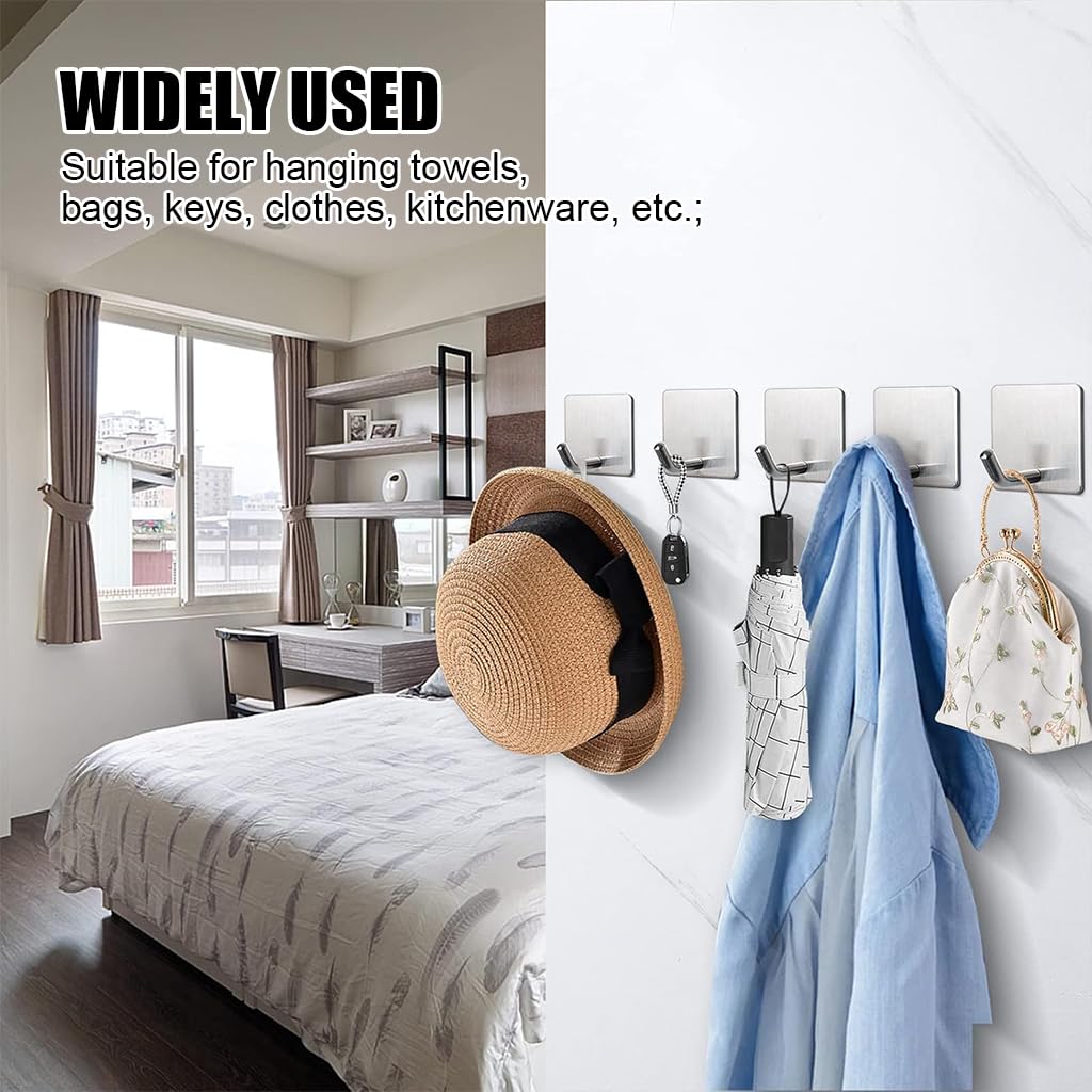 HASTHIP Self Adhesive Wall Hooks for Bathroom and Kitchen with 6.6lbs Capacity | Rust-Proof Stainless Steel Pack of 8