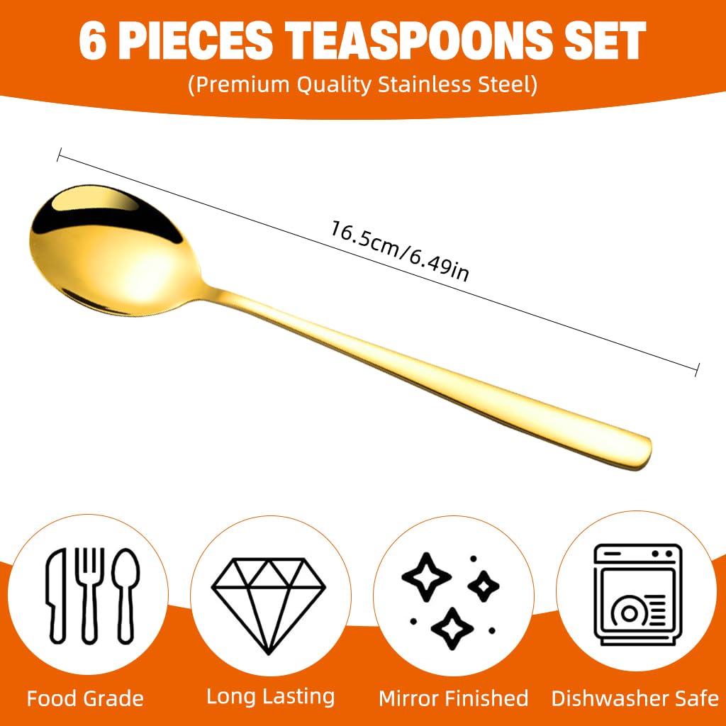 HASTHIP Gold Spoons for Parties and Dinners featuring 6.6 in Ergonomic Design | Set of 6 Stainless Steel