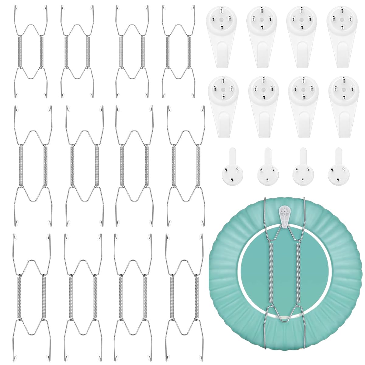 HASTHIP Invisible Wall Plate Hangers for Decorative Plates with 4 Claw Spring Hooks | 12Pcs Stainless Steel Silver Set for 6 8 10 Inch Plates