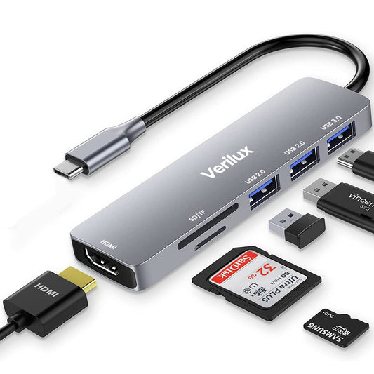 HASTHIP® USB C Hub Multiport Adapter- 6 in 1 Portable Aluminum Type C Hub with 4K HDMI Output, USB 2.0/3.0 Ports, SD/Micro SD Card Reader Compatible for MacBook Pro, MacBook Air, Type-C Devices