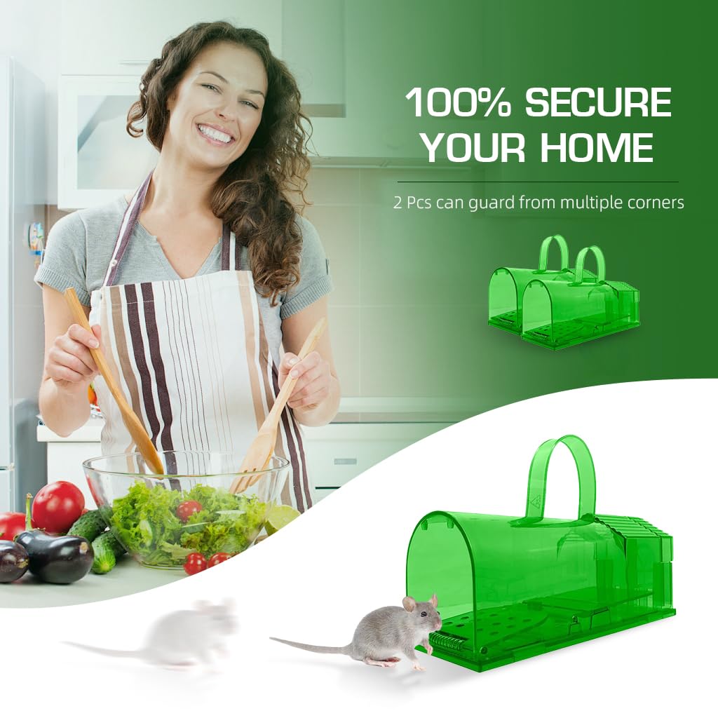 HASTHIP® 2 Piece Large Mouse Trap with Handle - 7.9 Inches Green Large Rat Trap - No-retreat Spring loaded Door Mouse Trap - Humane Mouse Trap - Easy to Set Up - Mouse Catcher Reusable