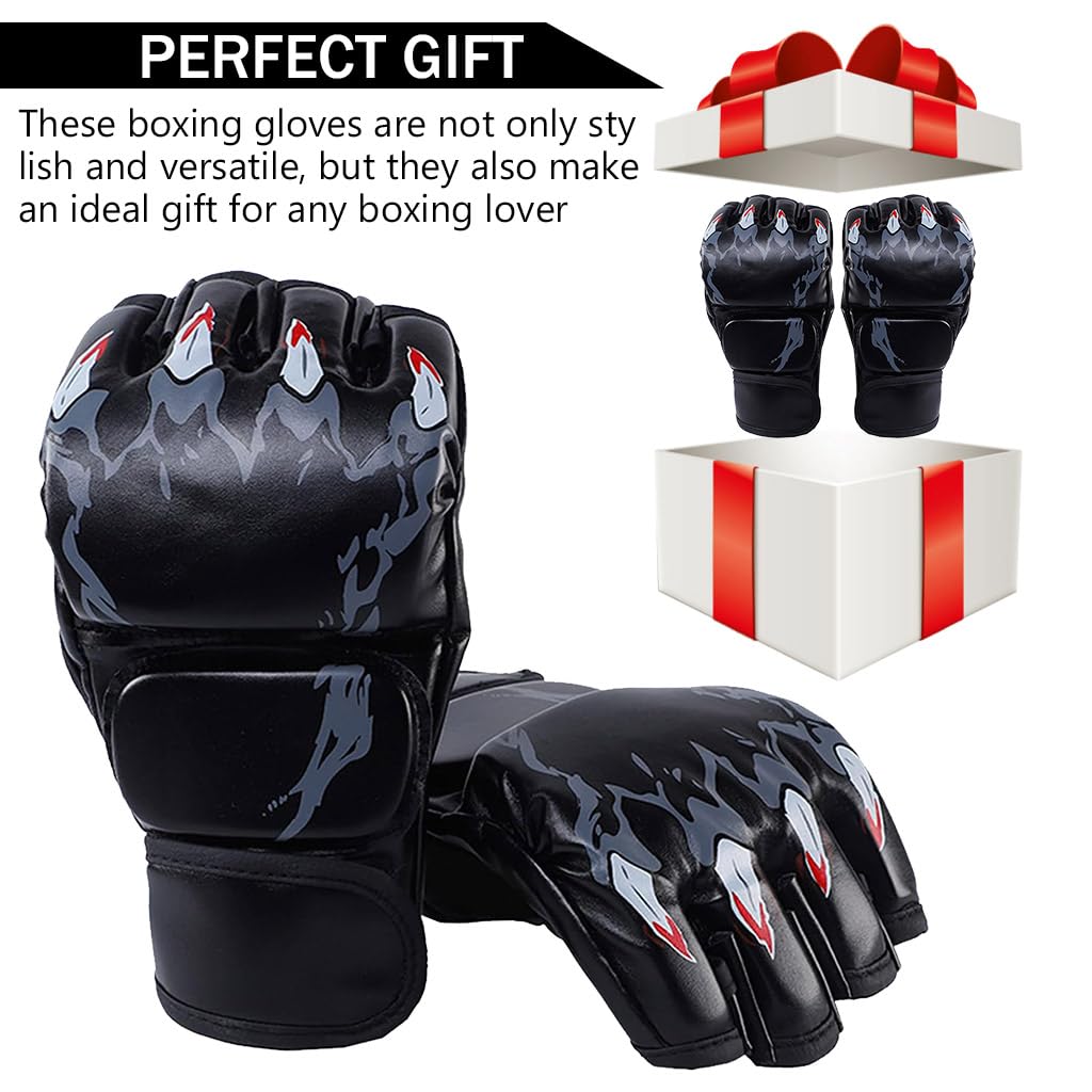 HASTHIP® Boxing Gloves Black Print MMA Gloves with Adjustable Wristband, Breathable Fingerless MMA Gloves for Boxing, Muay Thai and Sparring Sessions, Punching Gloves