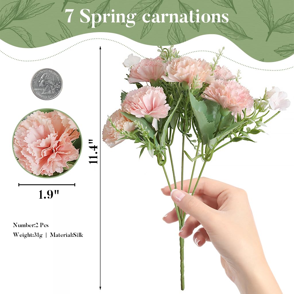 2Pcs Carnation Artificial Flowers for Vase Decoration Home Decor Items Plastic Flowers Decoration Fake Flowers for Home, Living Room, Festival, Party, Wedding Decor, DIY, No Vase or Basket