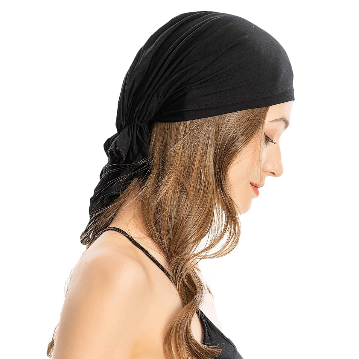 HASTHIP® Pañuelo para Mujer de Algodón Elástico, Gorro Oncológico Preatado Antideslizante, Turbante Beanie Suave y Transpirable para Cáncer, Dormir o Uso Diario - Negro