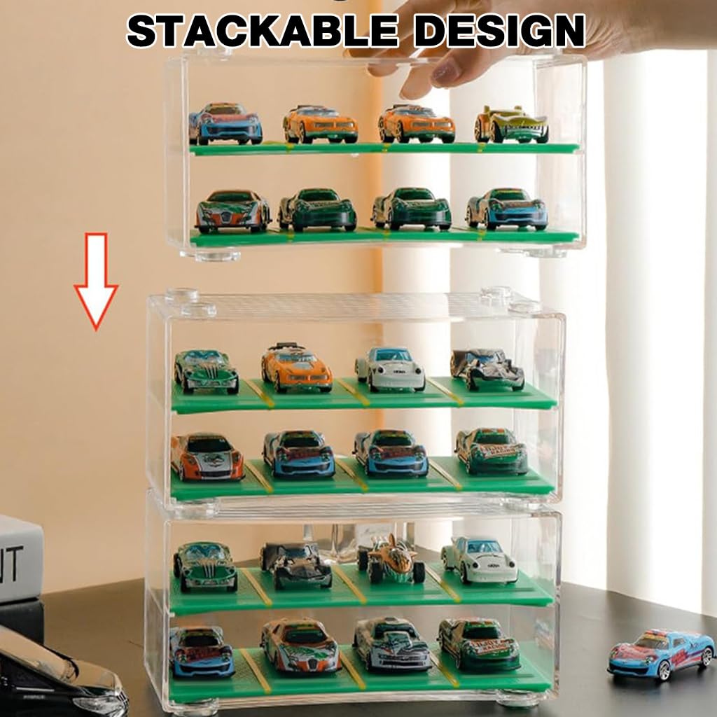 HASTHIP Car Models Display Case for 1:64 Racing Cars with 2 Tiers and 8 Compartments | Stackable Acrylic Dustproof Organizer