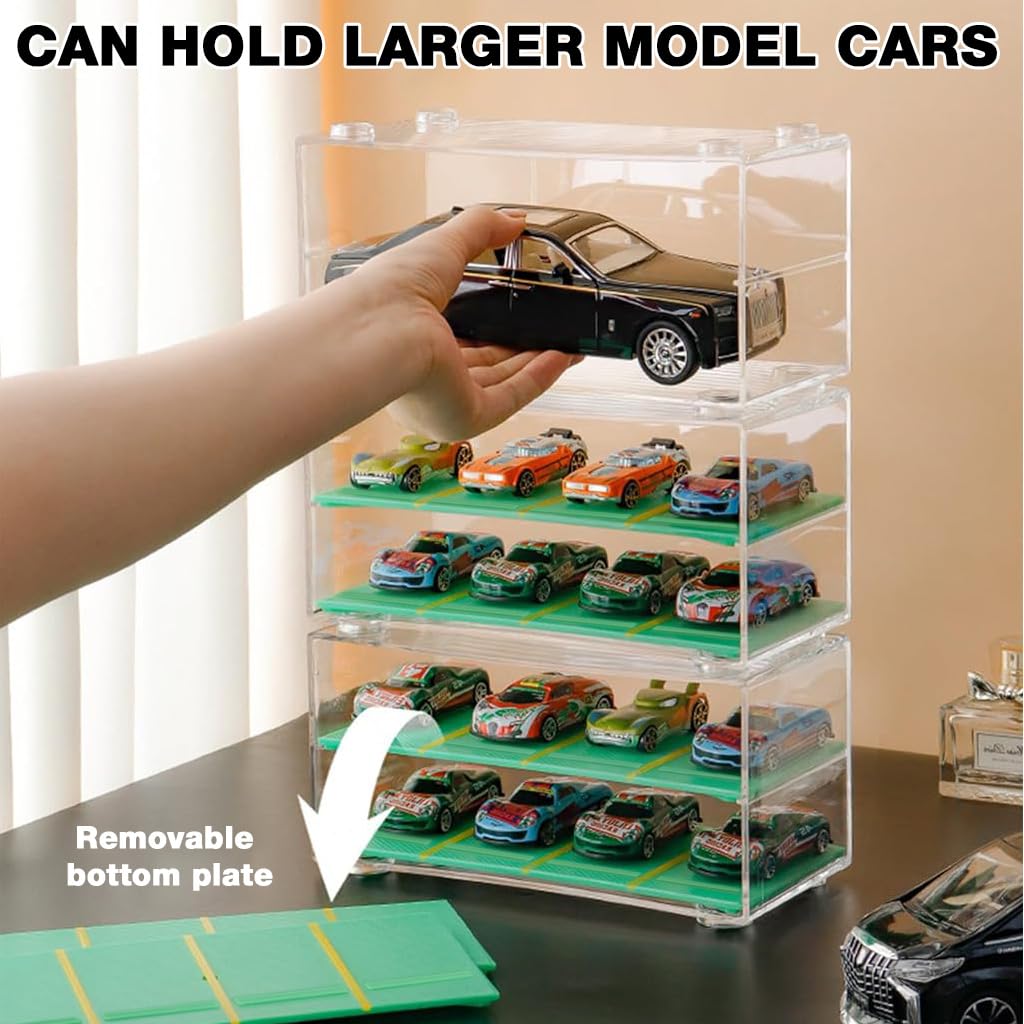 HASTHIP Car Models Display Case for 1:64 Racing Cars with 2 Tiers and 8 Compartments | Stackable Acrylic Dustproof Organizer